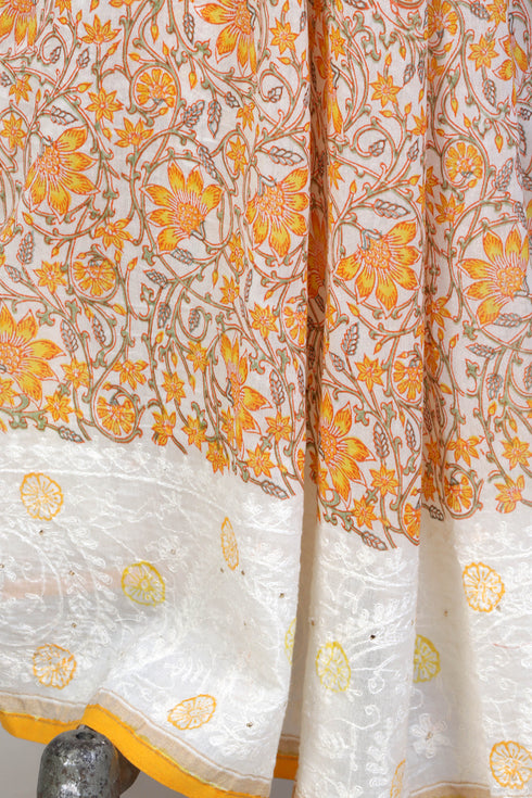 Chanderi Silk Saree With Chikankari Embroidery In Floral Block Print
